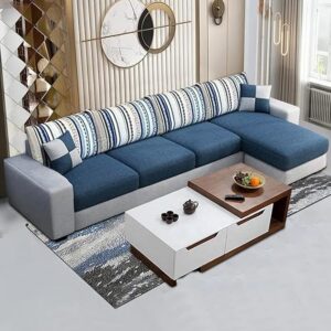 FURNY Oriona 5-Seater Fabric RHS L-Shaped Sofa Set (Blue-Light Grey)