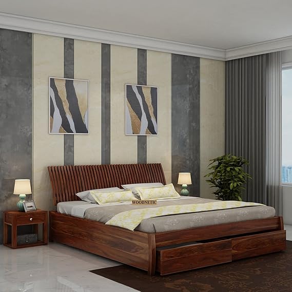 WOODNETIC Solid Sheesham Wood King Size Double Bed with Storage – Honey Finish