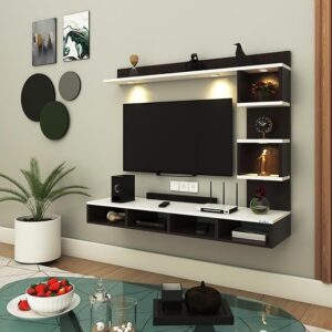 Amazscop Wood Wall Mount TV Unit with LED Lights TV Cabinet TV Entertainment Unit Set Top Box Stand