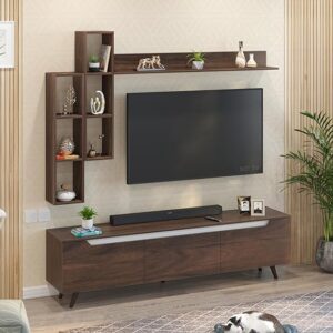 Amazscop TV Entertainment Unit Set Top Box Stand TV Cabinet with TV Unit & Wall Shelves for Books & Décor Display Unit Bookshelf Wall Shelf TV Combo, Ideal for 55” (Brown Maple)